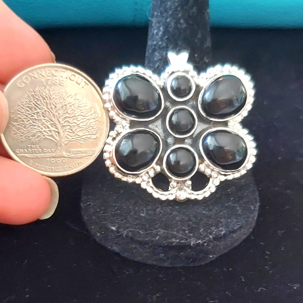 Sterling Silver Large Adjustable Butterfly Ring Black Onyx 5-10 - Picture 2 of 9